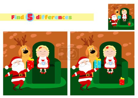 Illustration for Find the differences. Santa Claus is holding a present for Mrs. Santa. Christmas mother sits on a couch in the house and drinks hot chocolate with marshmallows. Cartoon characters of the winter holidays. - Royalty Free Image