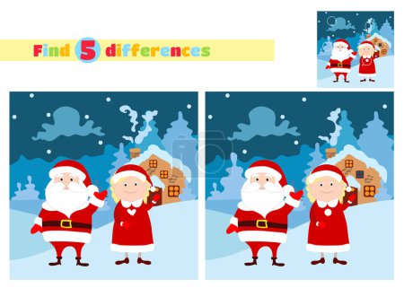 Téléchargez les photos : Trouvez les différences. Père Noël et Mme Père Noël sont debout devant leur maison et agitant les bras dans le contexte d'un paysage hivernal fabuleux. - en image libre de droit