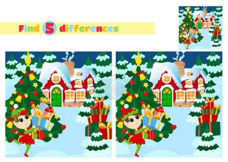 Téléchargez les photos : Trouvez les différences. Elfe fille courir avec des cadeaux à l'extérieur près de l'arbre de Noël. Paysage hivernal près de la maison enneigée du Père Noël. Humeur de bonheur. - en image libre de droit