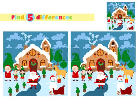 Téléchargez les photos : Trouvez les différences. Maison du Père Noël proche du Père Noël, femme, elfes, bonhomme de neige, cerfs et traîneau. Conte de fées Paysage vectoriel de Noël. - en image libre de droit