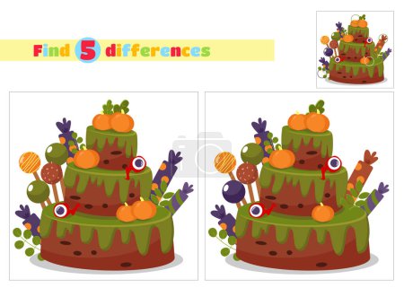 Illustration for Find the differences. Halloween cake three tiers in cartoon style isolated on white background. Vector illustration for design of Halloween party, holidays, dessert and bakery advertising. - Royalty Free Image