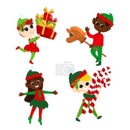 Illustration for Set Christmas elves. Multicultural boys and girls in traditional elf costumes. They dance, smile, bring gifts, carry lollipops. - Royalty Free Image