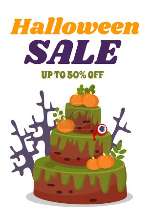 Téléchargez les photos : Boue et gâteau vert avec décoration de citrouilles et de brindilles et texte Halloween vente. - en image libre de droit