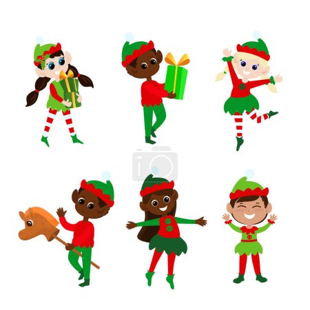 Conjunto de elfos de Navidad. Niños y niñas multiculturales con trajes tradicionales de elfo. Bailan, sonríen, traen regalos, cabalgan en un caballo de madera. Diseño de personajes navideños.