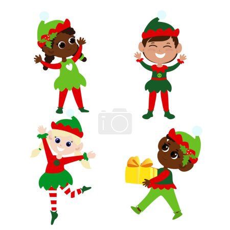 Téléchargez les photos : Mettez des elfes de Noël. Collection de Noël garçons et filles multiculturels en costumes traditionnels elfes. Ils dansent, sourient, apportent des cadeaux. Conception des personnages de Noël. - en image libre de droit