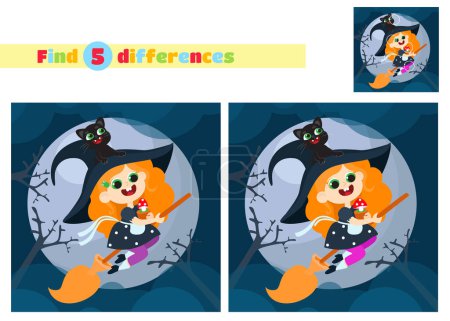 Illustration for Find the differences. A little witch flies on a broom at night. Halloween character. Educational games for children in schools, kindergartens, cafes. - Royalty Free Image