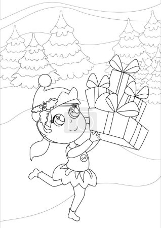 Téléchargez les photos : Pages à colorier. L'elfe court avec des cadeaux dans ses mains. La fille est heureuse et souriante et elle est ravie. L'enfant porte des vêtements elfes traditionnels. Illustration de Noël dessin animé. - en image libre de droit