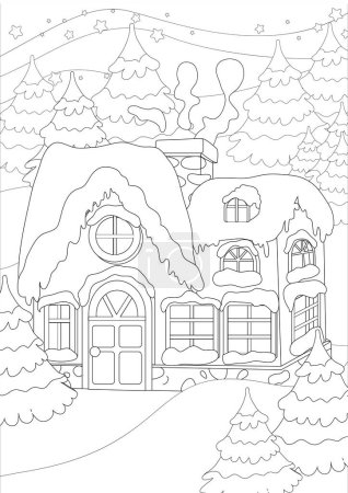 Téléchargez les photos : Pages à colorier. Nuit ou soirée à la veille de Noël et une maison confortable au milieu des sapins. Les arbres de Noël et le toit sont couverts de neige. Les étoiles brillent brillamment dans le ciel. - en image libre de droit