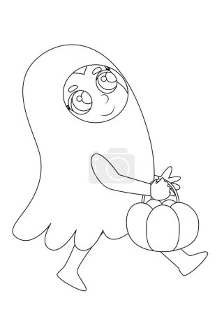 Téléchargez les photos : Coloriage. Un enfant déguisé en fantôme blanc court avec un panier de bonbons. Le personnage d'Halloween est joyeux et heureux. Illustration de bande dessinée. - en image libre de droit