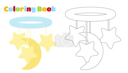 Illustration for Colouring Book. Asterisk and moon mobile for newborn baby in soft pastel yellow and blue colors. Cartoon style illustration of objects for young children of the first year of life. - Royalty Free Image