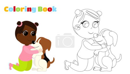 Illustration for Colouring Book. Little charming girl hugs a beagle dog. The child is sitting on his lap, smiling and happy. The girl is dressed in trousers and a blouse. Friendship between man and dog. - Royalty Free Image