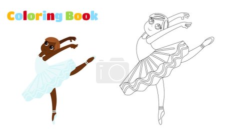 Téléchargez les photos : Coloriage. Une ballerine dans un tutu de ballet danse doucement et gracieusement avec ses bras repoussés et sa jambe relevée. Elle est danseuse et elle est heureuse. - en image libre de droit