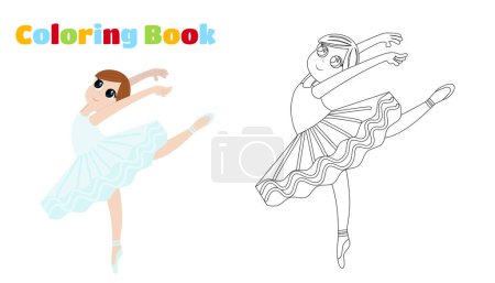 Illustration for Coloring Page. A ballerina girl in a ballet tutu dances lightly and gracefully with her arms thrown back and her leg raised. She is a dancer and she is happy. Cartoon style for kids dance school design or professions illustration. - Royalty Free Image