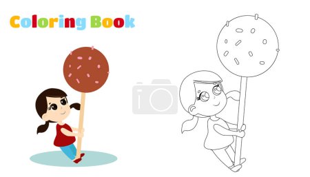 Illustration for Coloring page. Happy cute girl holding a huge candy pop on a stick in her hands. The child is dressed in a tunic and has ponytails on his head. Vector cartoon illustration. - Royalty Free Image
