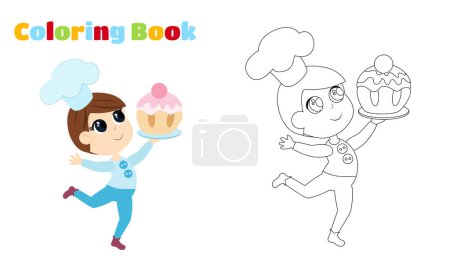 Téléchargez les photos : Livre à colorier. Un petit garçon court et porte un énorme muffin savoureux dans ses mains. Mignon personnage dans le style de dessin animé. - en image libre de droit