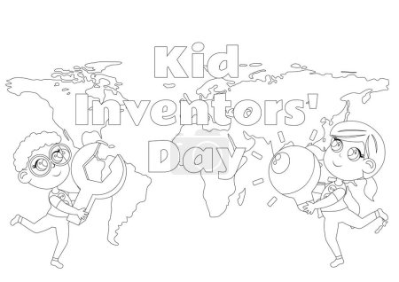 Illustration for Coloring page. Cute boy and girl with light bulb and wrench and text Childrens Invention Day. Cartoon childish style. - Royalty Free Image