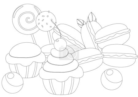 Illustration for Coloring page. Sweets confectionery donut, muffin, lollipop, macaron. Horizontal banner illustration of sweets in cartoon style. - Royalty Free Image