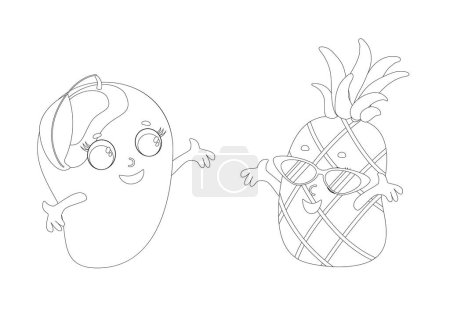 Illustration for Coloring page. Mango and pineapple in cartoon style. Fruit has a face and eyes. - Royalty Free Image