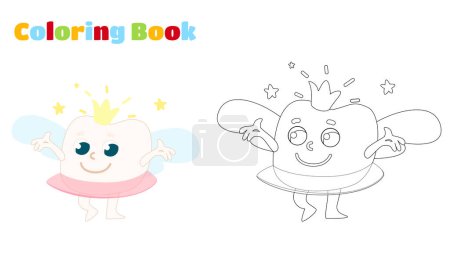 Illustration for Coloring page. Tooth fairy in the form of a tooth with a crown and wings. Funny character in cartoon style. - Royalty Free Image