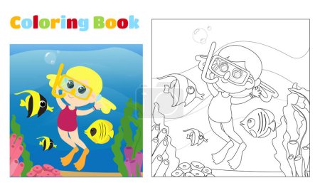 Téléchargez les photos : Coloriage. Une fille heureuse en maillot de bain et des poissons nagent près des récifs coralliens. Scène verticale dans le style de dessin animé. - en image libre de droit