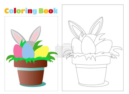Téléchargez les photos : Coloriage. Pot avec des œufs peints et les oreilles du lapin de Pâques se détachent par derrière. - en image libre de droit