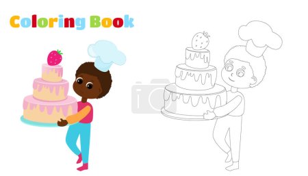 Illustration for Coloring Page. The boy is holding a huge cake in his hands. The child is happy and wearing a chef's hat. Character design. - Royalty Free Image