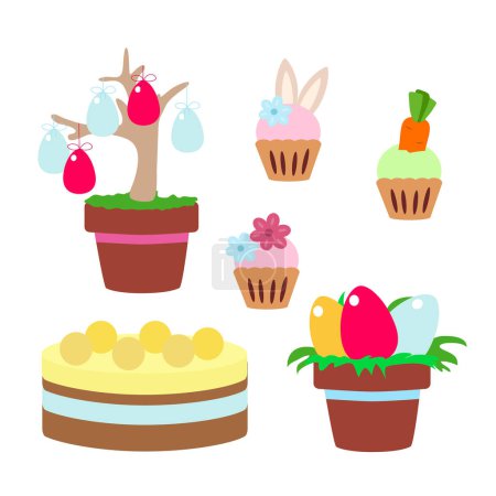 Téléchargez les illustrations : Coffret de Pâques Simnel Gâteau, pot aux œufs peints, arbre, muffins, cupcakes en style dessin animé. - en licence libre de droit