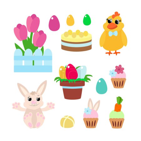 Téléchargez les illustrations : Ensemble de Pâques poussin, saké simnel, pot avec oeufs peints, arbre, muffins, cupcakes dans le style de dessin animé. - en licence libre de droit