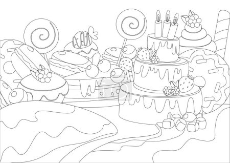 Illustration for Coloring page. Panorama set of sweets cake with candles, macarons, donuts, lollipops, muffins in cartoon style. - Royalty Free Image
