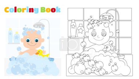 Illustration for Colouring Book. A small child, newborn or first year of life, bathes in a bathtub full of soap bubbles. The child is cheerful, smiling, a rubber yellow duck is swimming nearby. - Royalty Free Image