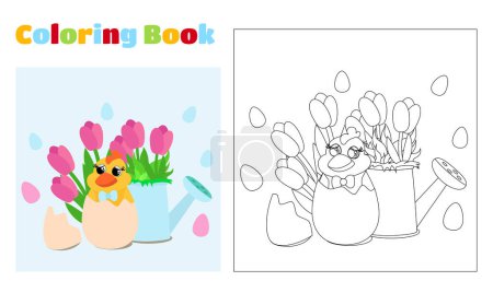 Illustration for Coloring Page. On a green meadow there is a charming chicken and a watering can and flowers tulips and daffodils. Vertical banner for spring holiday. - Royalty Free Image