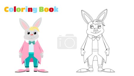 Illustration for Coloring page. Cute and funny bunny. Vector illustration of cartoon character. Rabbit dressed in a jacket, pants and tie. - Royalty Free Image