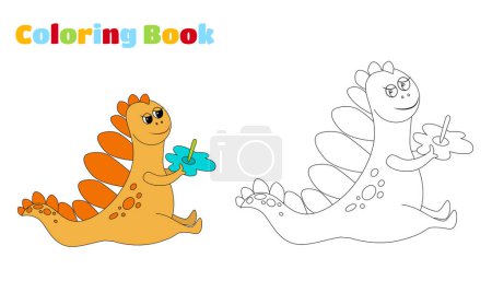 Illustration for Coloring page. Cute charming orange dinosaur. Prehistoric character in cartoon childish style sits and holds a flower in his hands. The mood of joy and carelessness. - Royalty Free Image