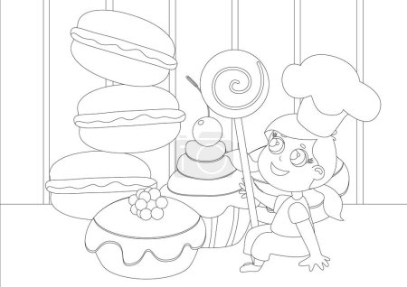 Téléchargez les photos : Coloriage. Fille avec une énorme sucette près de macarons, gâteaux et muffins en style dessin animé. Illustration de l'amour des enfants pour les bonbons. - en image libre de droit
