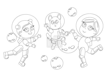 Illustration for Coloring page. Two girls with big eyes and a dog are dressed in an astronaut suit and a helmet. Children are happy and fly in outer space. Cartoon style illustration of the universe. - Royalty Free Image