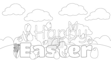 Illustration for Coloring page. On the green grass is a decorative text Happy Easter. The letters are decorated with hyacinths, tulips and decorated eggs. Horizontal spring banner. - Royalty Free Image