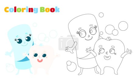 Illustration for Coloring page. Toothpaste and cheerful healthy baby tooth. Cute characters to keep children's mouth hygiene. - Royalty Free Image