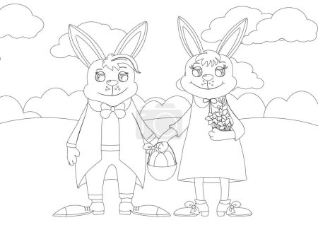 Illustration for Coloring page. Happy Easter bunnies are smiling tenderly. Rabbits are dressed in bright clothes. - Royalty Free Image