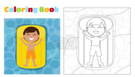 Illustration for Coloring page. A happy boy lies on an inflatable mattress on the water and sunbathes. The child is wearing shorts and smiling. Summer holiday cartoon style top view. - Royalty Free Image