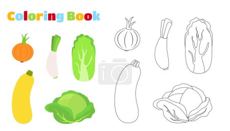 Illustration for Coloring page. Set of vegetables cabbage, Chinese cabbage, zucchini, onion and leek. - Royalty Free Image