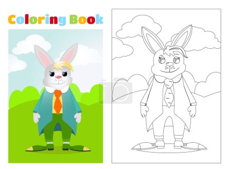 Illustration for Coloring page. An Easter Bunny dressed in a jacket and trousers stands right on the field and in front of him are eggs in the grass. Green meadow and blue sky. - Royalty Free Image