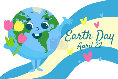 Téléchargez les photos : Carte de voeux du Jour de la Terre. Planète Terre avec un visage joyeux sourit joyeusement et tient des tulipes dans ses mains. Illustration style dessin animé isolé sur fond blanc. - en image libre de droit