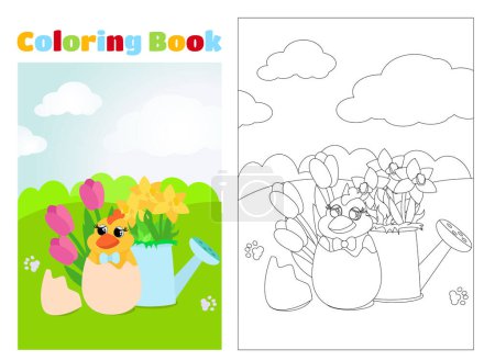 Illustration for Coloring page. On a green meadow there is a charming chicken and a watering can and flowers tulips and daffodils. Vertical banner for spring holiday. - Royalty Free Image
