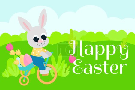 Saludo tarjeta de Pascua. Ilustración primaveral de un lindo conejito en bicicleta. Bunny en estilo de dibujos animados para vacaciones.