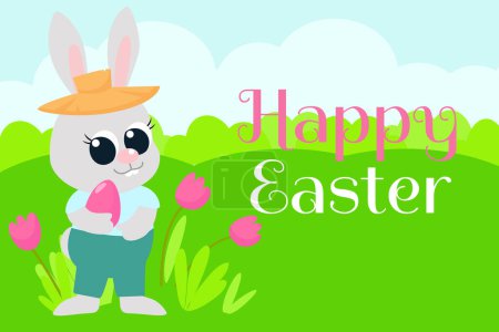 Greeting Easter card. A small cute Easter bunny is standing with a painted egg in his hands. Illustration in cartoon style for holidays.
