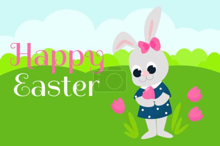 Greeting Easter card. A very cute girl rabbit stands near flowers and holds a colored egg in her hands. 