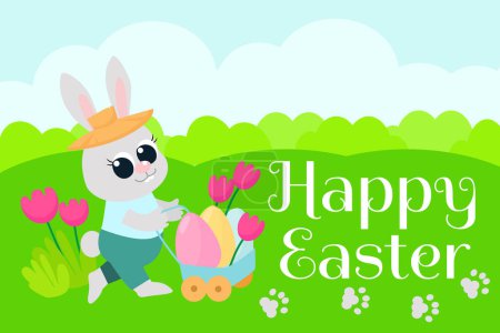 Saludo tarjeta de Pascua. Pequeño conejito lindo está llevando huevos de colores en un carro. Gran ilustración en estilo de dibujos animados para vacaciones.