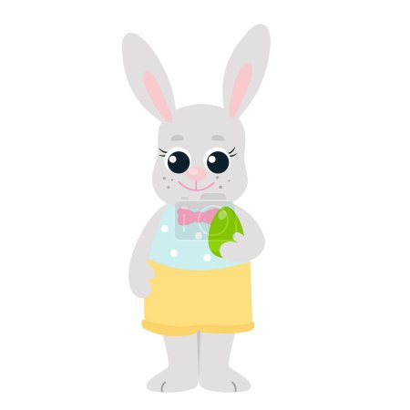 The Easter Bunny holds a decorative egg in his paws. The character is happy and dressed in a shirt and a pants. Festive illustration in cartoon style