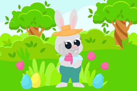 A cartoon-style scene of the Easter Bunny standing in a meadow among bushes, flowers and trees. The rabbit holds a colored egg in its paws and is dressed in a shirt, pants and a hat.