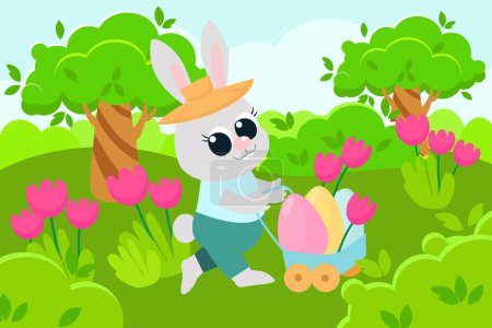 A cartoon-style scene of the Easter Bunny carrying decorative eggs in a cart to a meadow among bushes, flowers, and trees. The rabbit is dressed in a shirt, pants and a hat.
